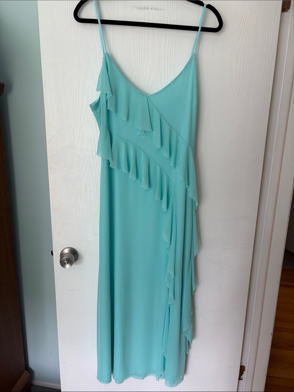 Spaghetti-Strap Ruffle Maxi Dress in Light Aqua